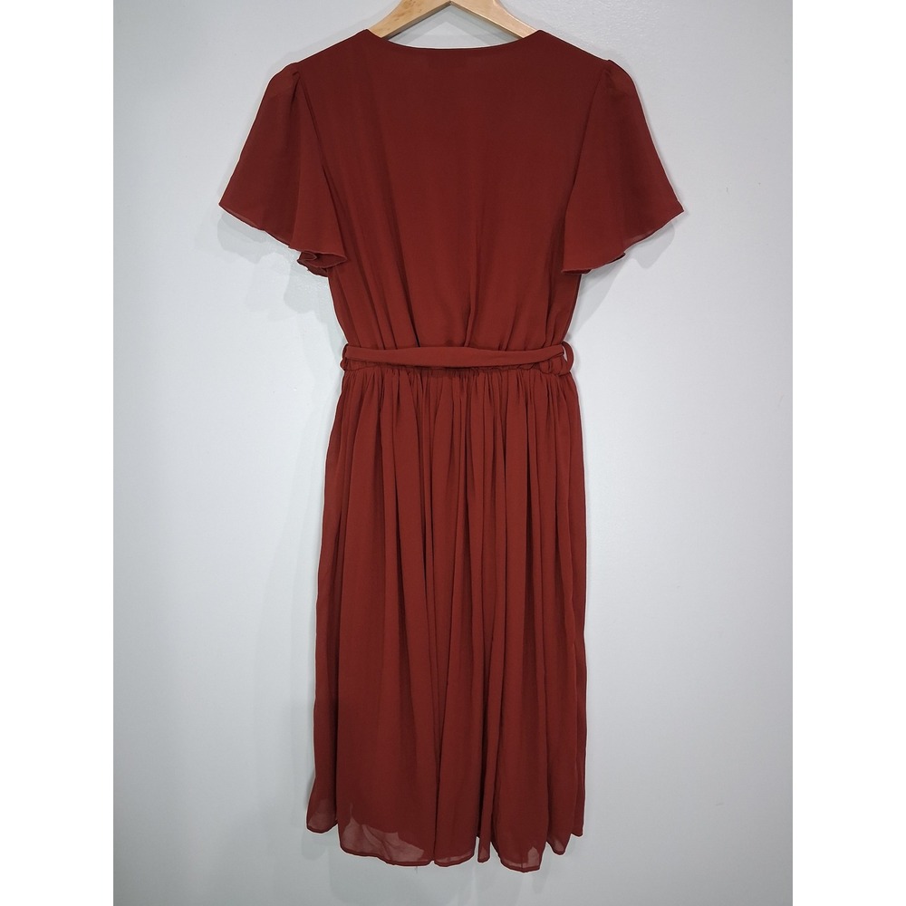 Baltic Born Rust Red Chiffon Flutter Sleeve Wrap Midi Dress Womens Medium - Picture 4 of 7